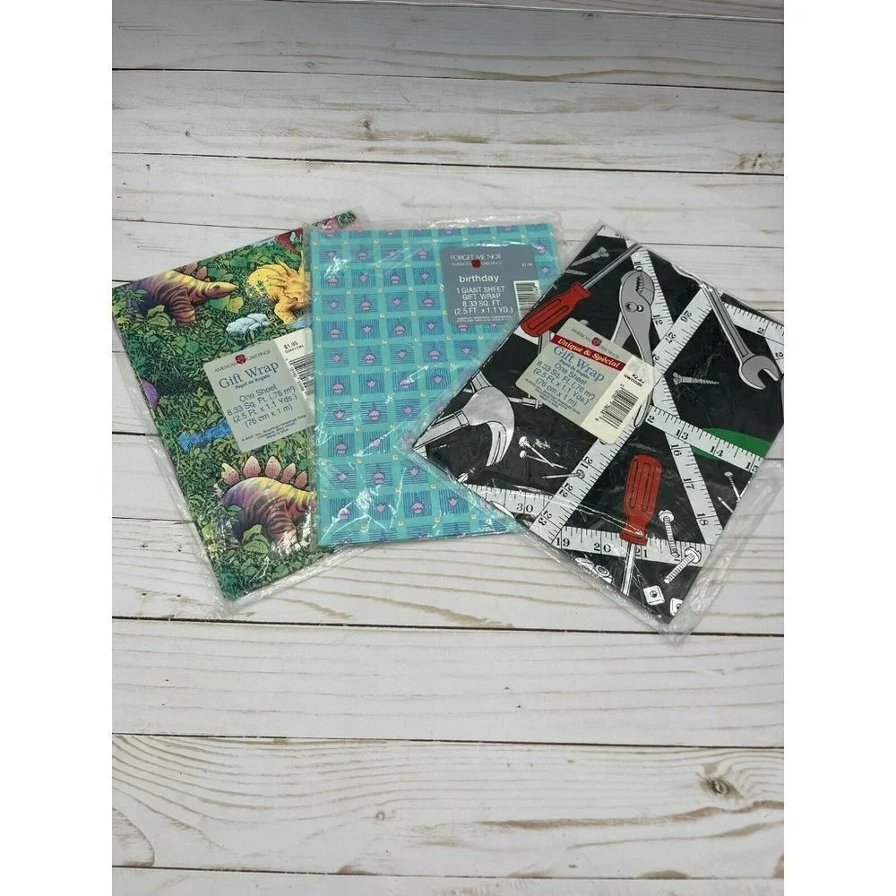 Vintage Wrapping Paper Lot Of 3 NOS Tools Dinosaurs Floral Retro Sheets Made USA